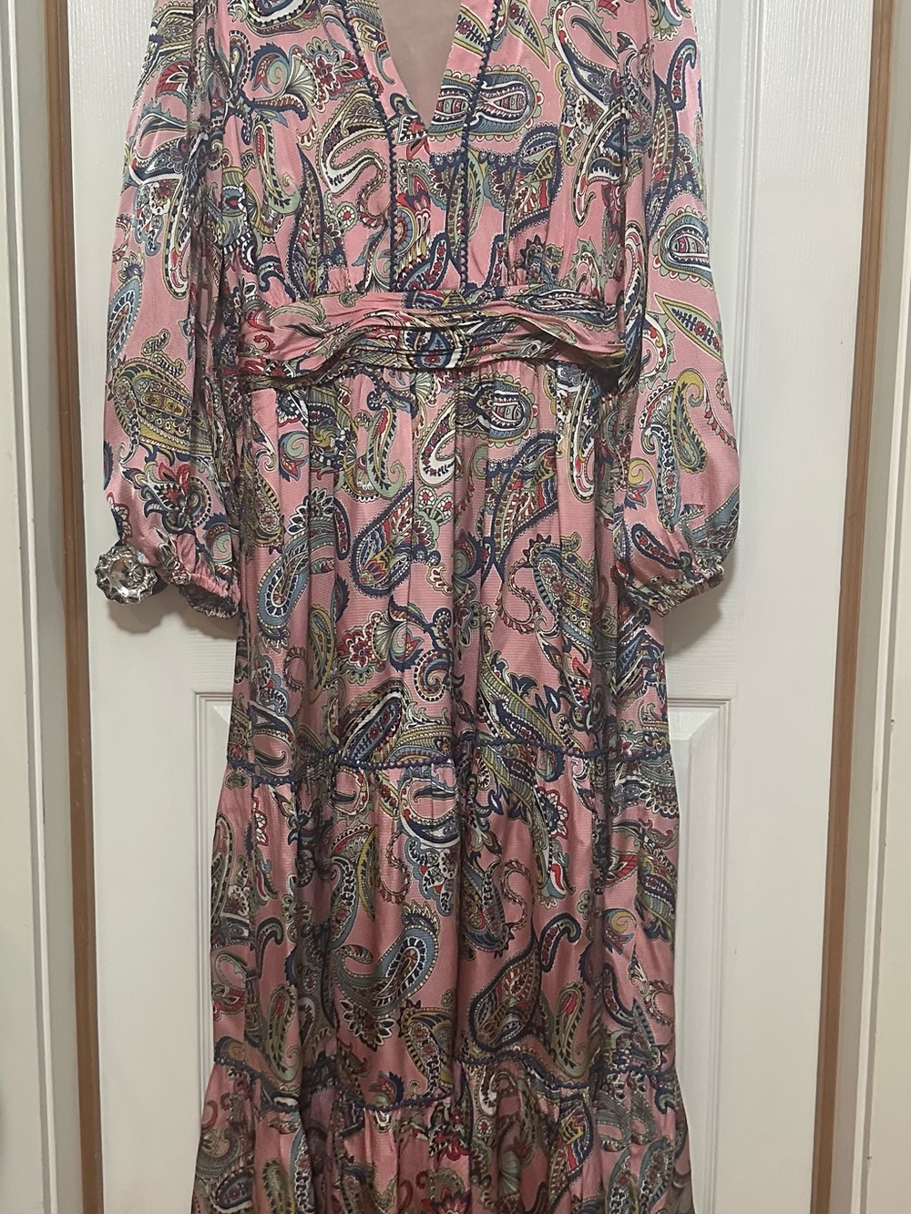 Boden Pink Paisley V-Neck Tie-Waist Maxi Dress with Multicolor Print